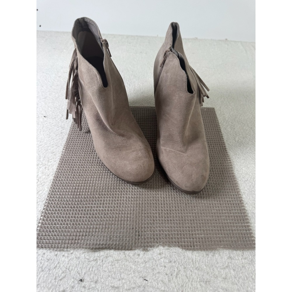 Tempe Fringe Ankle Booties Women 10M Taupe Good Suede Tassel Block Heel